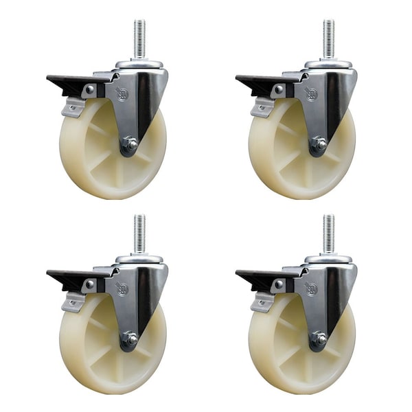 5 Inch Nylon Wheel Swivel 58 Inch Threaded Stem Caster Set with Brake SCC